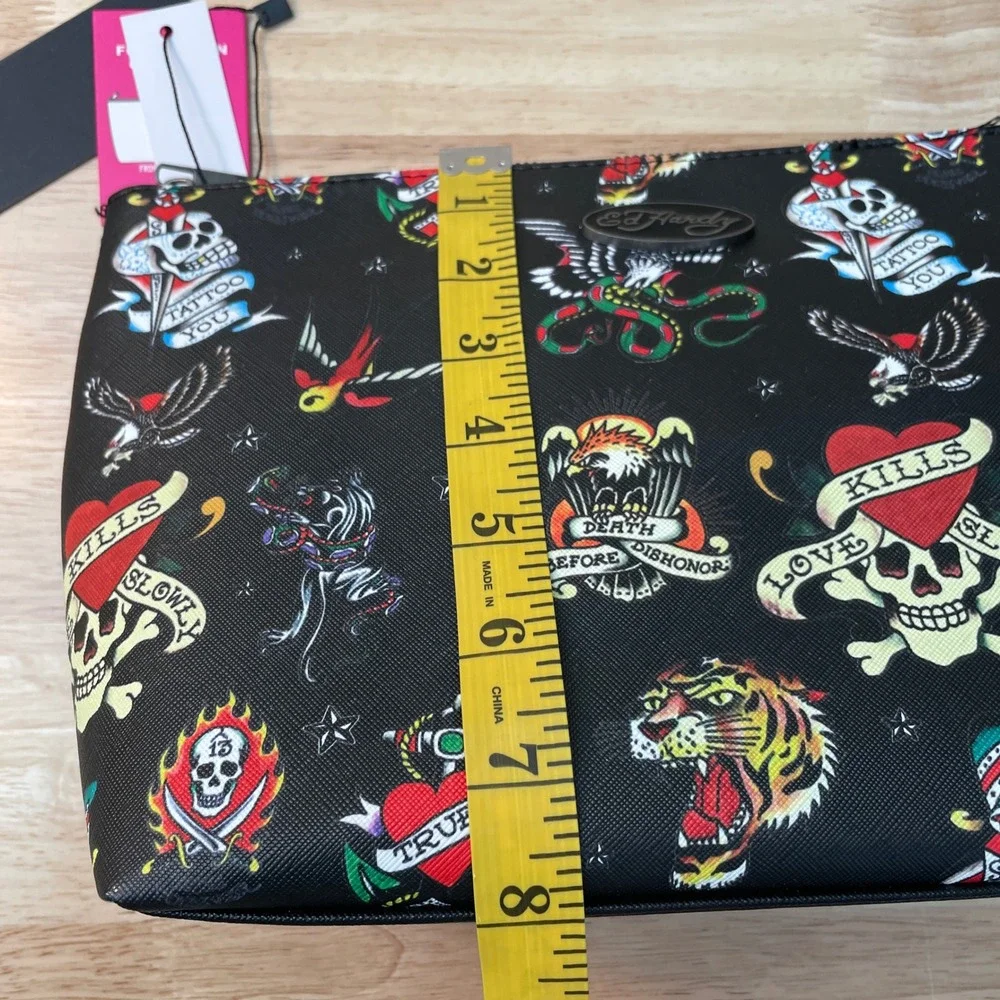 Ed Hardy Tattoo Print‎ Cosmetic Case Black Vegan Leather Makeup Bag New